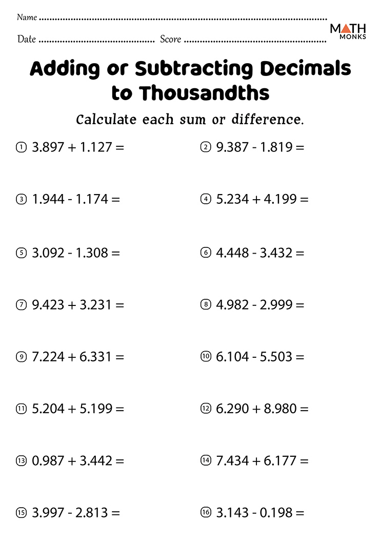 Adding And Subtracting Decimals Worksheets Math Monks Adding And Subtracting Decimals Worksheets Math Monks
