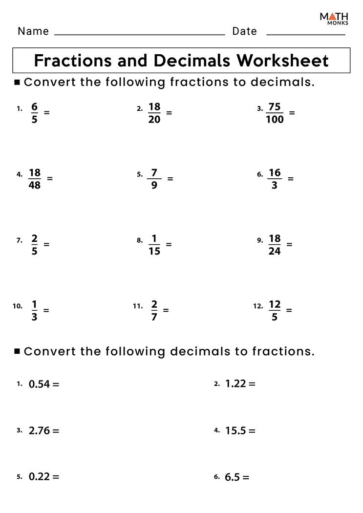 Converting Fractions To From Decimals Worksheets Math Monks Converting Fractions To From Decimals Worksheets Math Monks