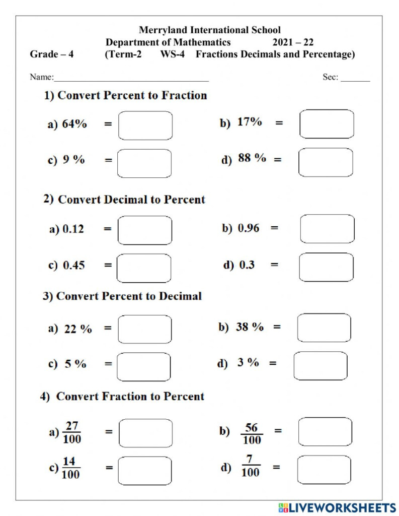 Percentages Decimals Fractions Worksheet Doc Decimalworksheets