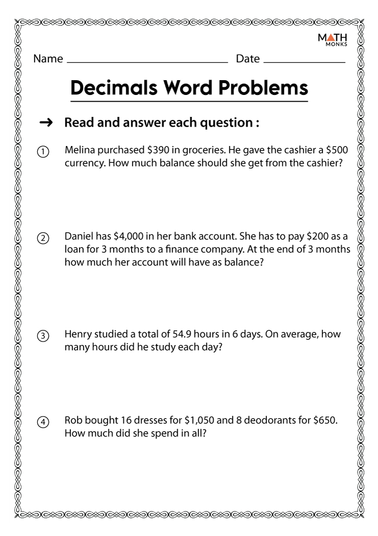 Decimals Worksheets Math Monks Decimals Worksheets Math Monks