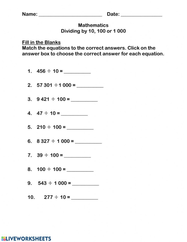 Divide decimals by 10 100 and 1000 worksheet decimalworksheets