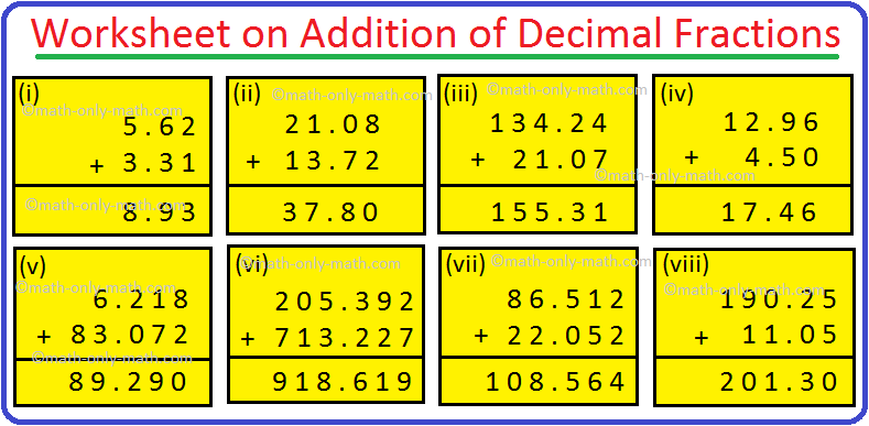 Worksheet On Addition Of Decimal Fractions Word Problems On Decimals Worksheet On Addition Of Decimal Fractions Word Problems On Decimals